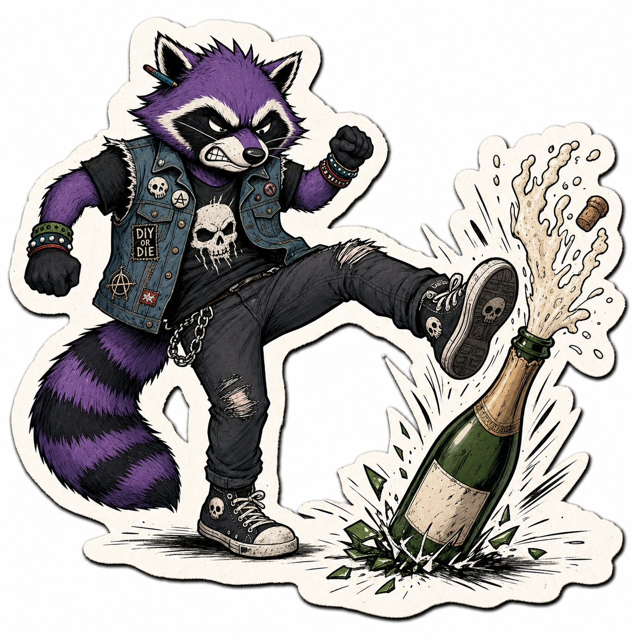 Randalf tritt wütend eine Champagnerflasche um
