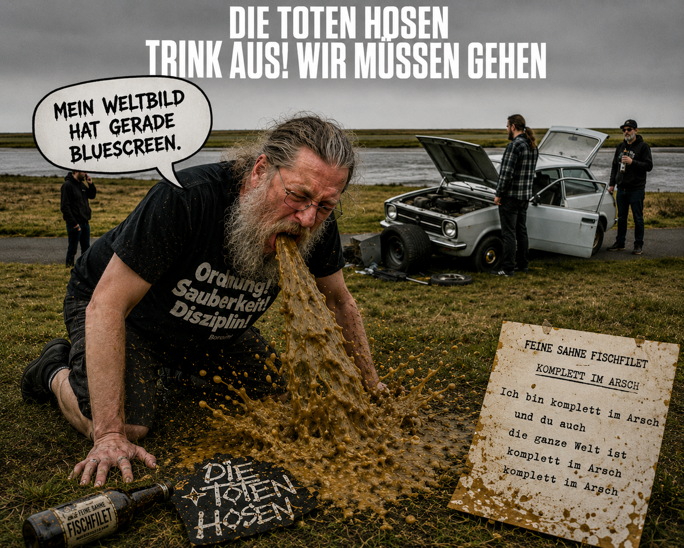 Burg kotzt auf einer Wiese, während sein Weltbild Bluescreen meldet