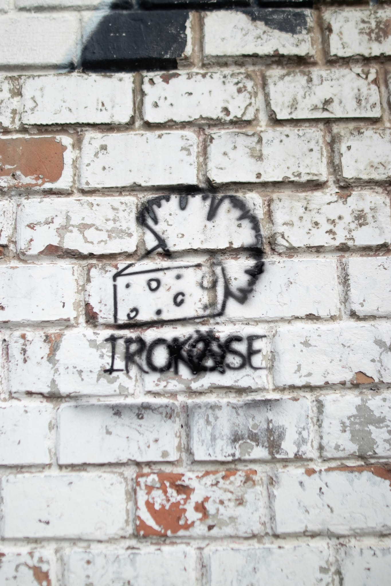 IROKÄSE-Logo als Käse-Iro-Graffiti auf einer Backsteinwand