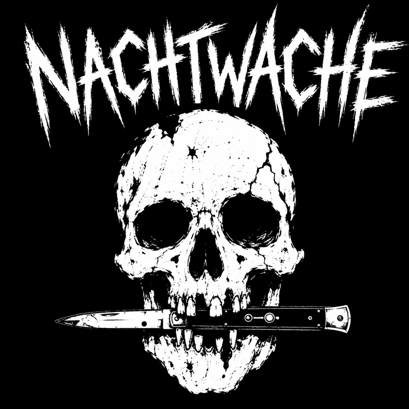 Schwarz-weißes Motiv von NACHTWACHE mit Totenschädel und Messer