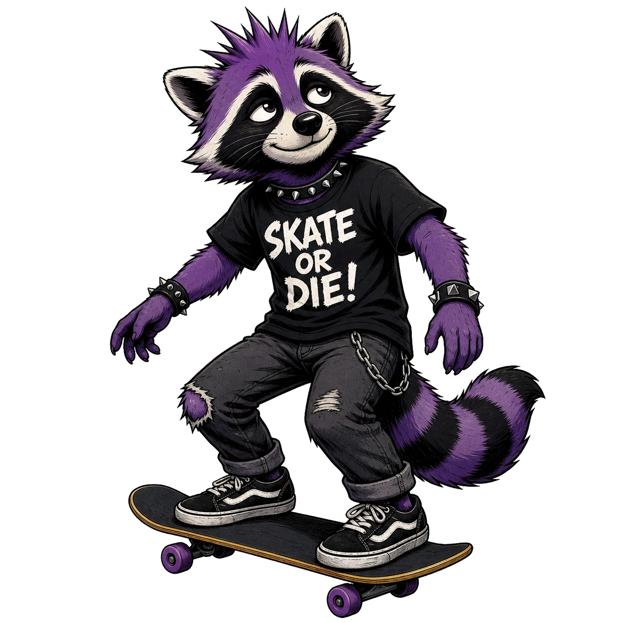 Randalf auf einem Skateboard mit Skate or Die Shirt