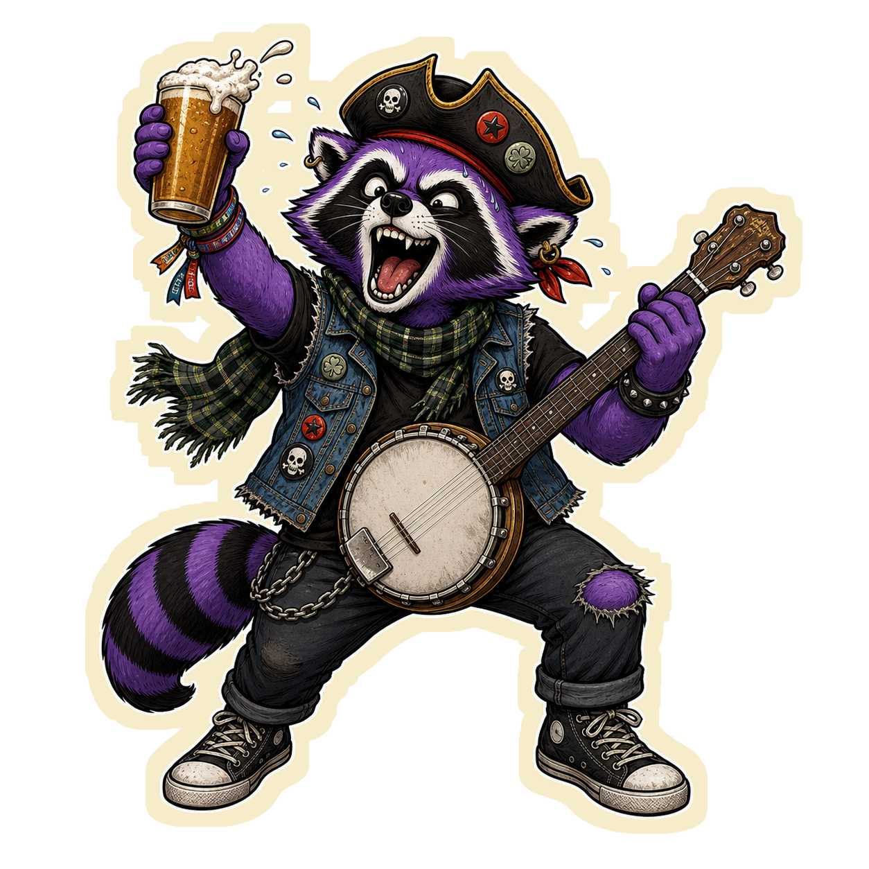 Randalf mit Piratenhut, Banjo und Bierglas in Celtic-Punk-Laune