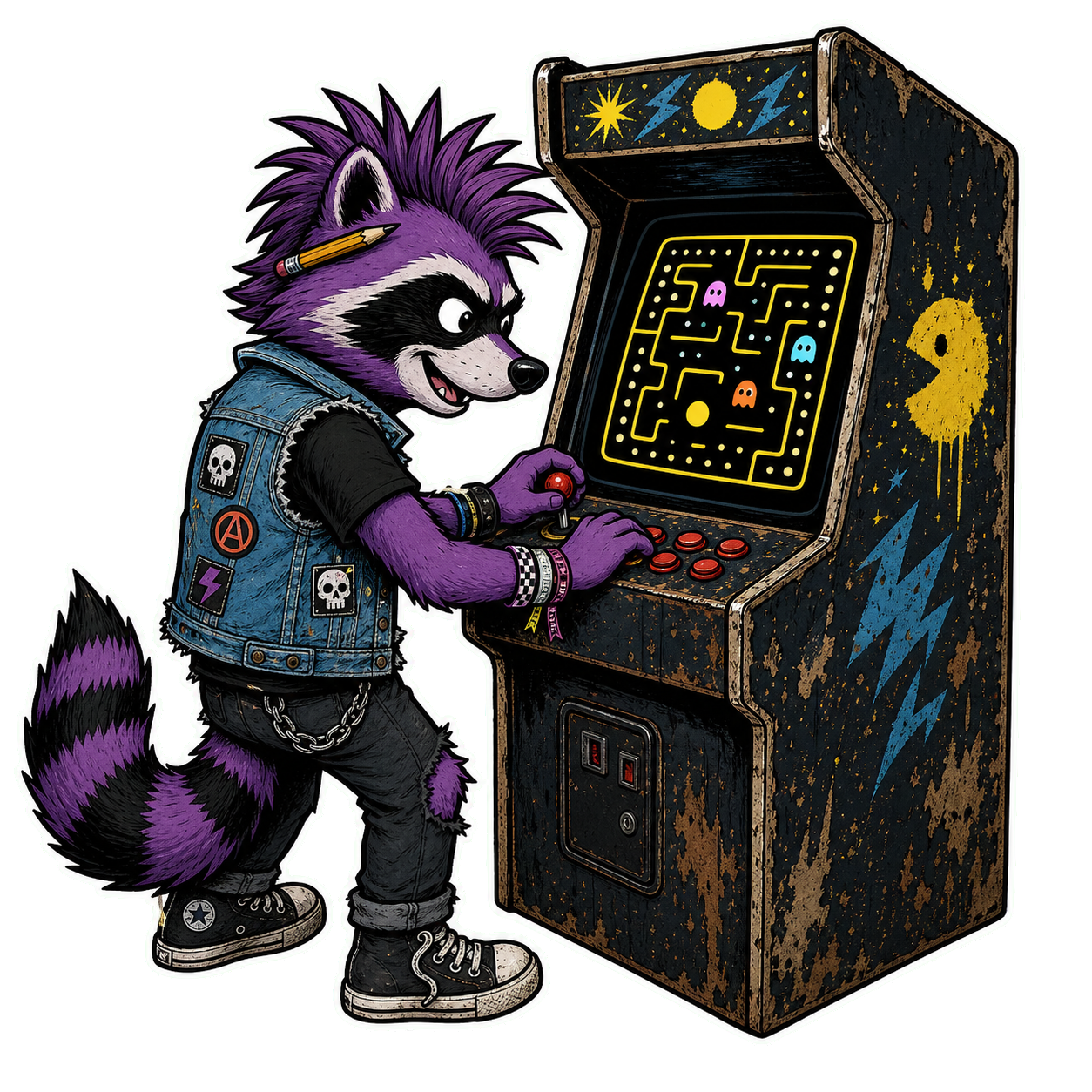 Randalf spielt an einem alten Arcade-Automaten